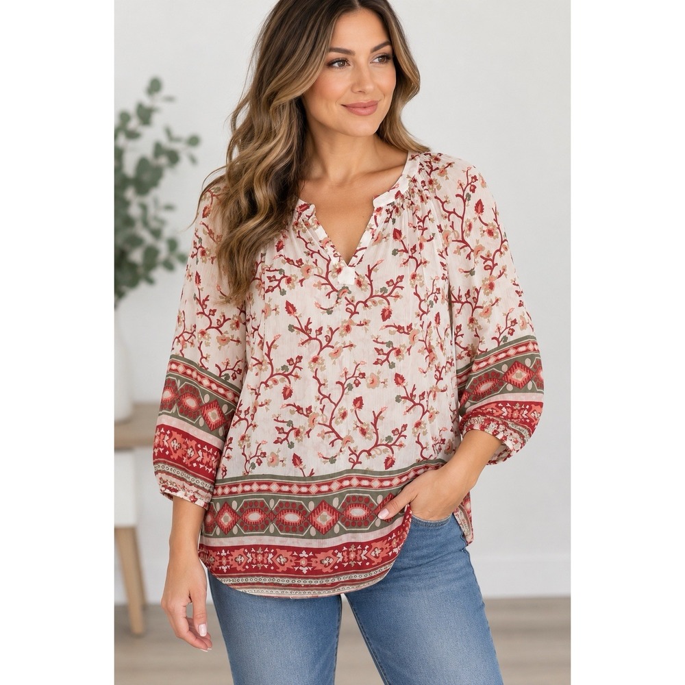 Old Navy Women's Medium Boho Floral Border Print Peasant Blouse 3/4 Sleeve